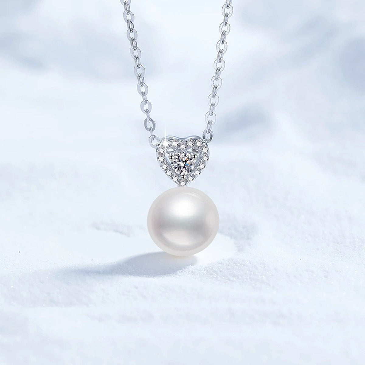 Moissanite Freshwater Pearl Pendant Necklace with Cubic Zirconia in White Gold-Plated S925 Sterling Silver close-up product detail view
