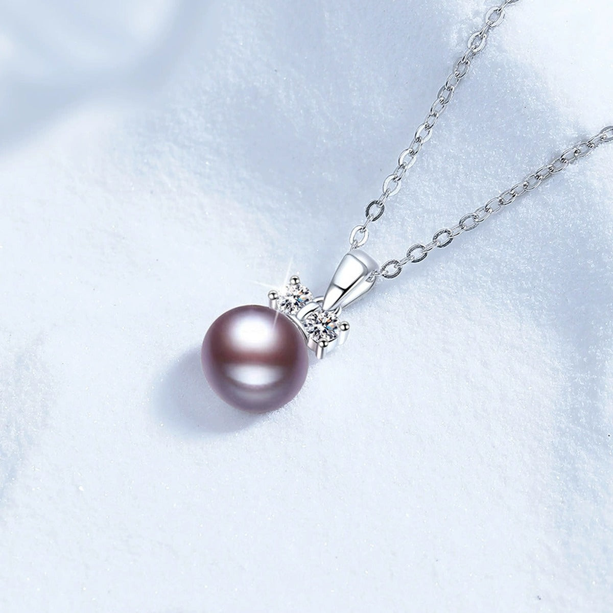 Purple Pearl Moissanite Pendant Necklace in White Gold-Plated S925 Sterling Silver blue background product view