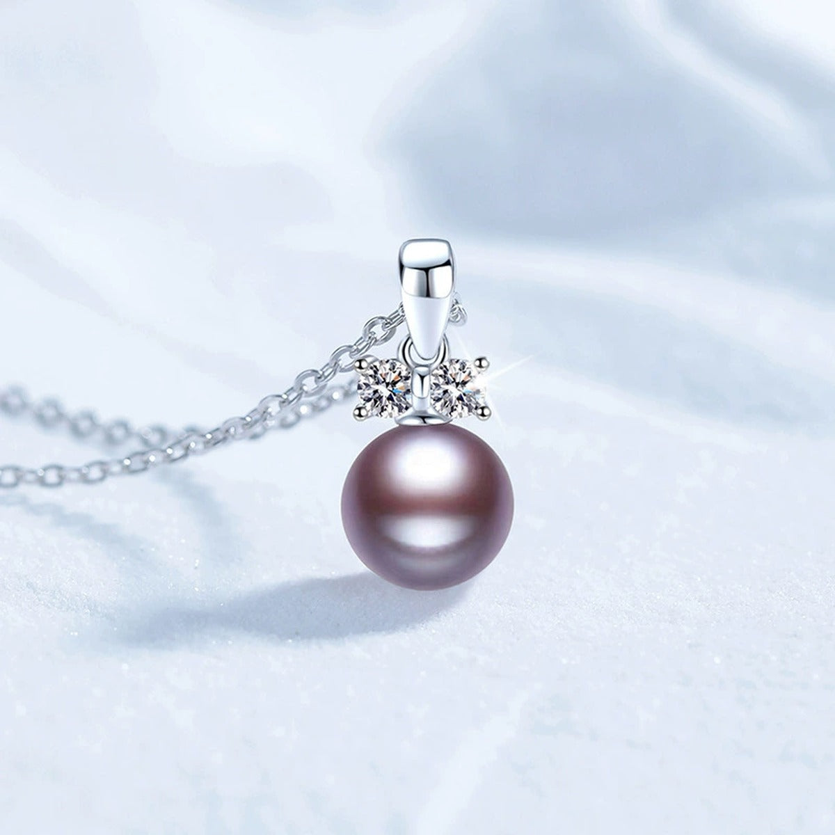 Purple Pearl Moissanite Pendant Necklace in White Gold-Plated S925 Sterling Silver close-up product detail view