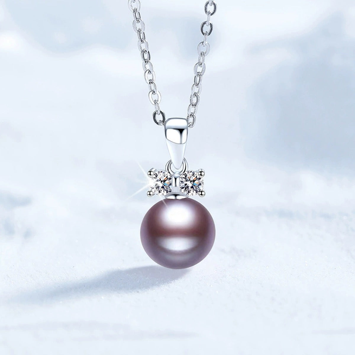 Purple Pearl Moissanite Pendant Necklace in White Gold-Plated S925 Sterling Silver close-up product detail view