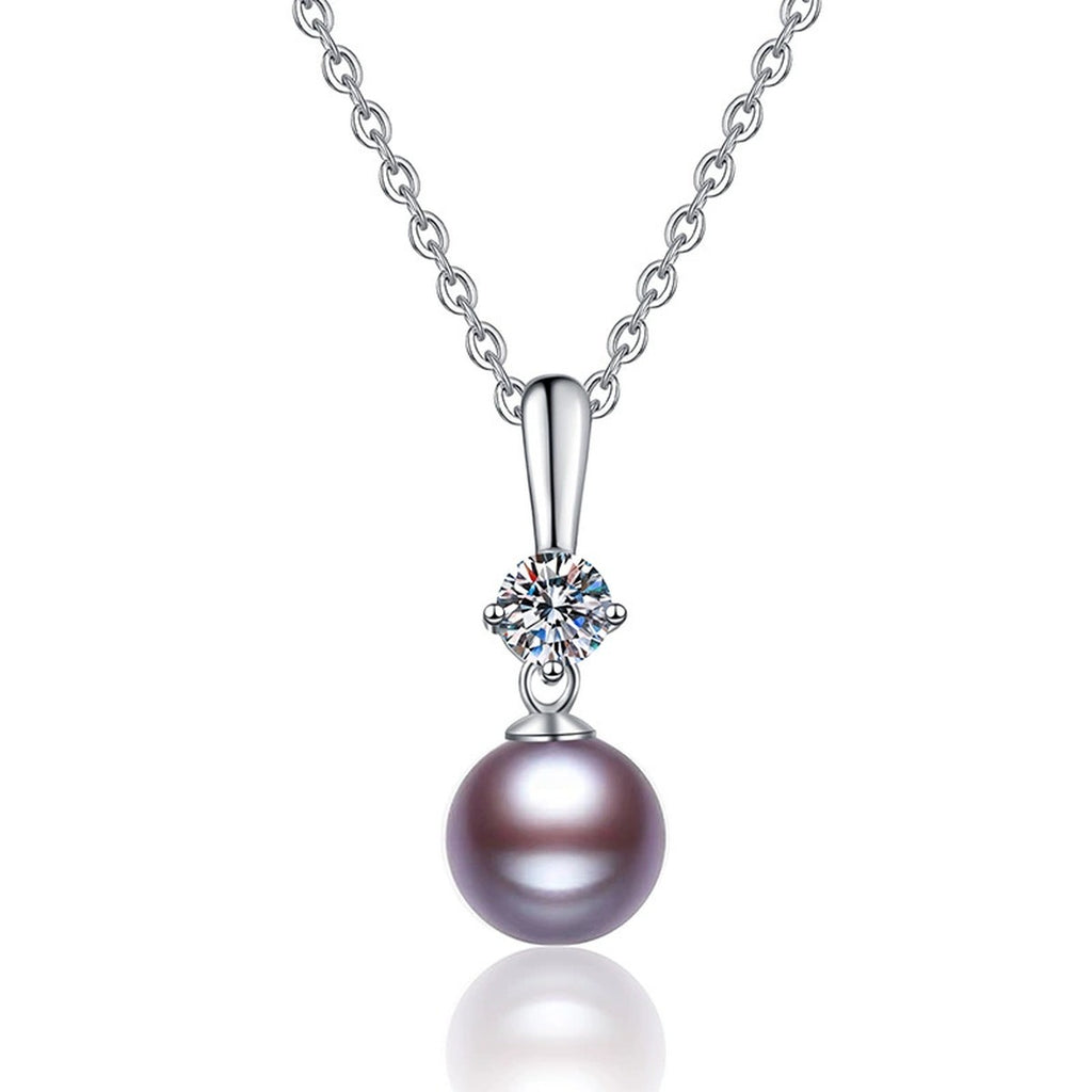 Purple Pearl Moissanite Pendant Necklace in White Gold-Plated S925 Sterling Silver on clean white background showing the slender purple pearl pendant with a round moissanite accent