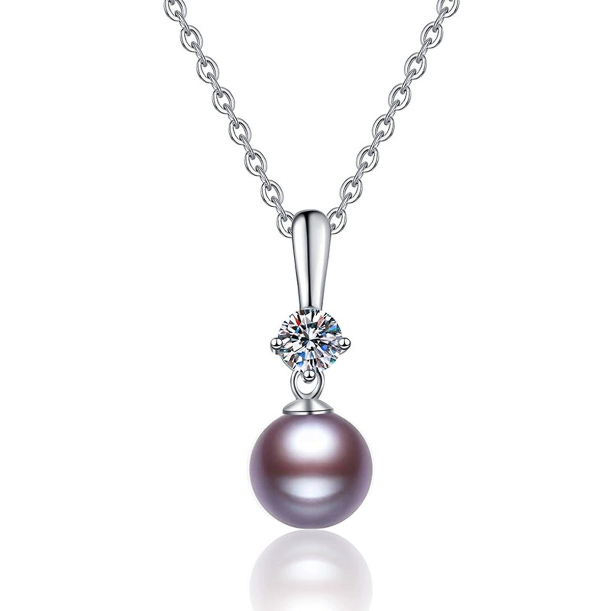 Purple Pearl Moissanite Pendant Necklace in White Gold-Plated S925 Sterling Silver on clean white background showing the slender purple pearl pendant with a round moissanite accent