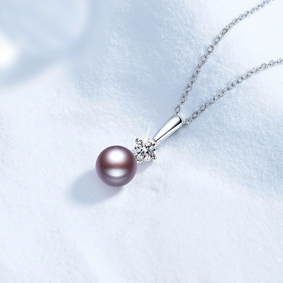 Purple Pearl Moissanite Pendant Necklace in White Gold-Plated S925 Sterling Silver blue background product view