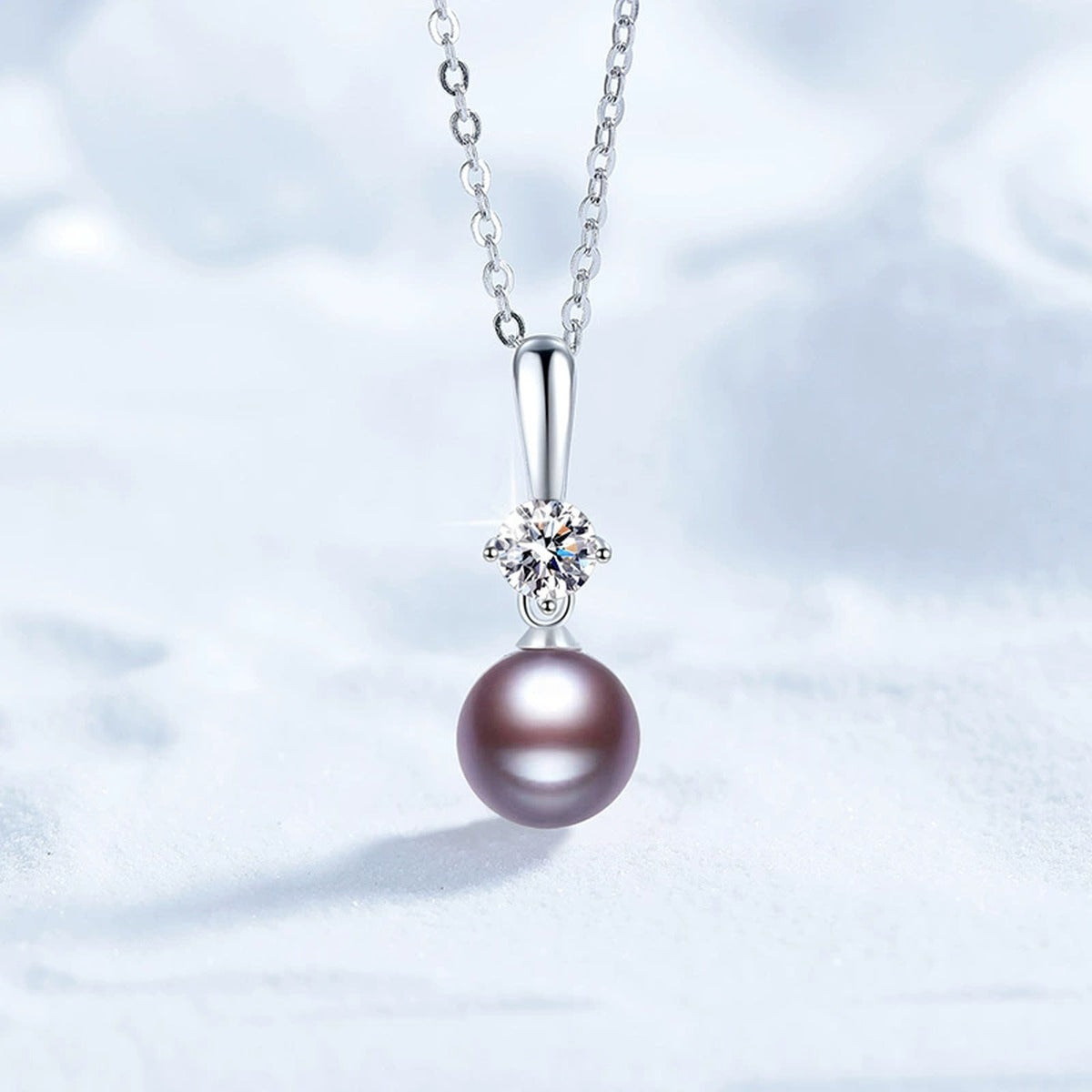 Purple Pearl Moissanite Pendant Necklace in White Gold-Plated S925 Sterling Silver close-up product detail view