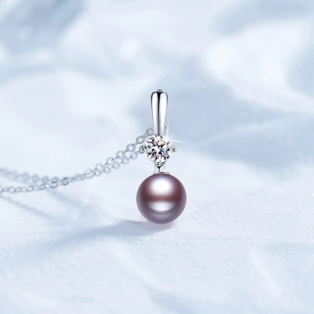 Purple Pearl Moissanite Pendant Necklace in White Gold-Plated S925 Sterling Silver close-up product detail view