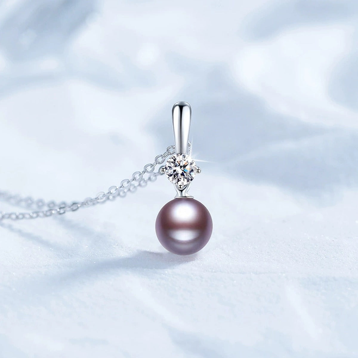 Purple Pearl Moissanite Pendant Necklace in White Gold-Plated S925 Sterling Silver close-up product detail view