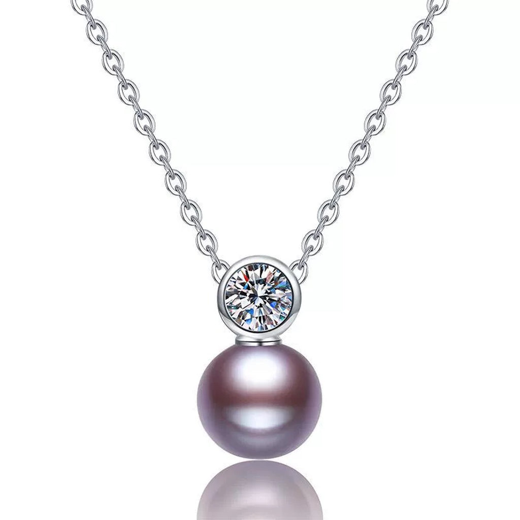Purple Pearl Moissanite Pendant Necklace in White Gold-Plated S925 Sterling Silver on clean white background showing the compact purple pearl pendant with a round moissanite accent