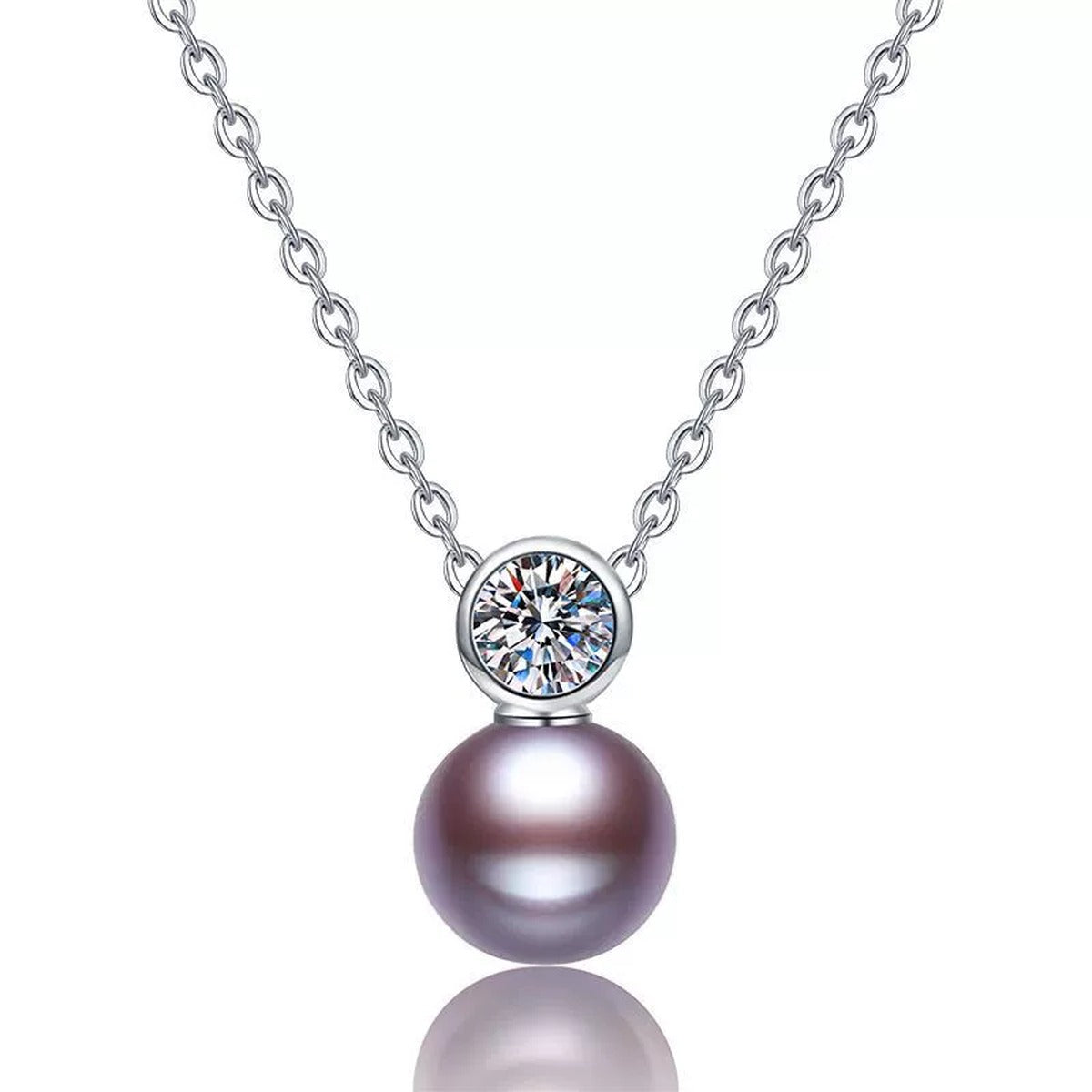 Purple Pearl Moissanite Pendant Necklace in White Gold-Plated S925 Sterling Silver on clean white background showing the compact purple pearl pendant with a round moissanite accent