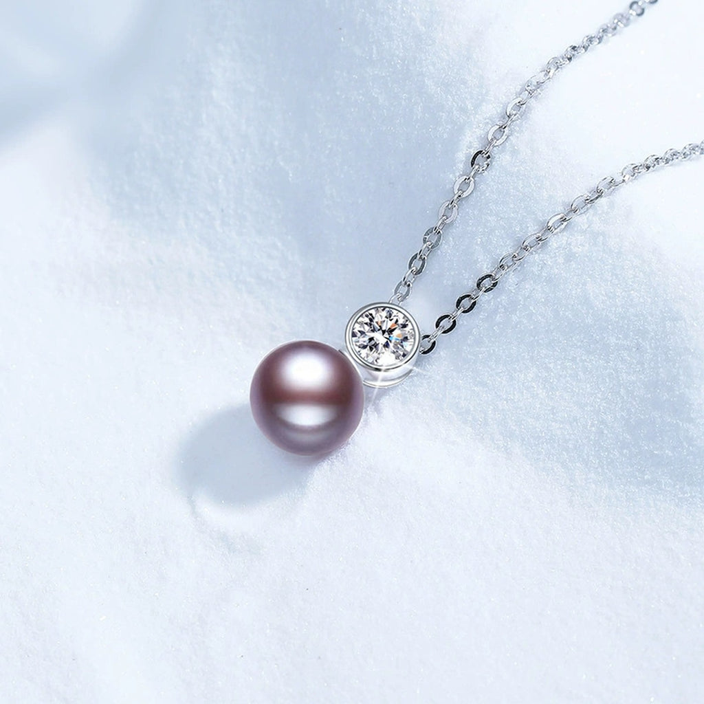Purple Pearl Moissanite Pendant Necklace in White Gold-Plated S925 Sterling Silver blue background product view