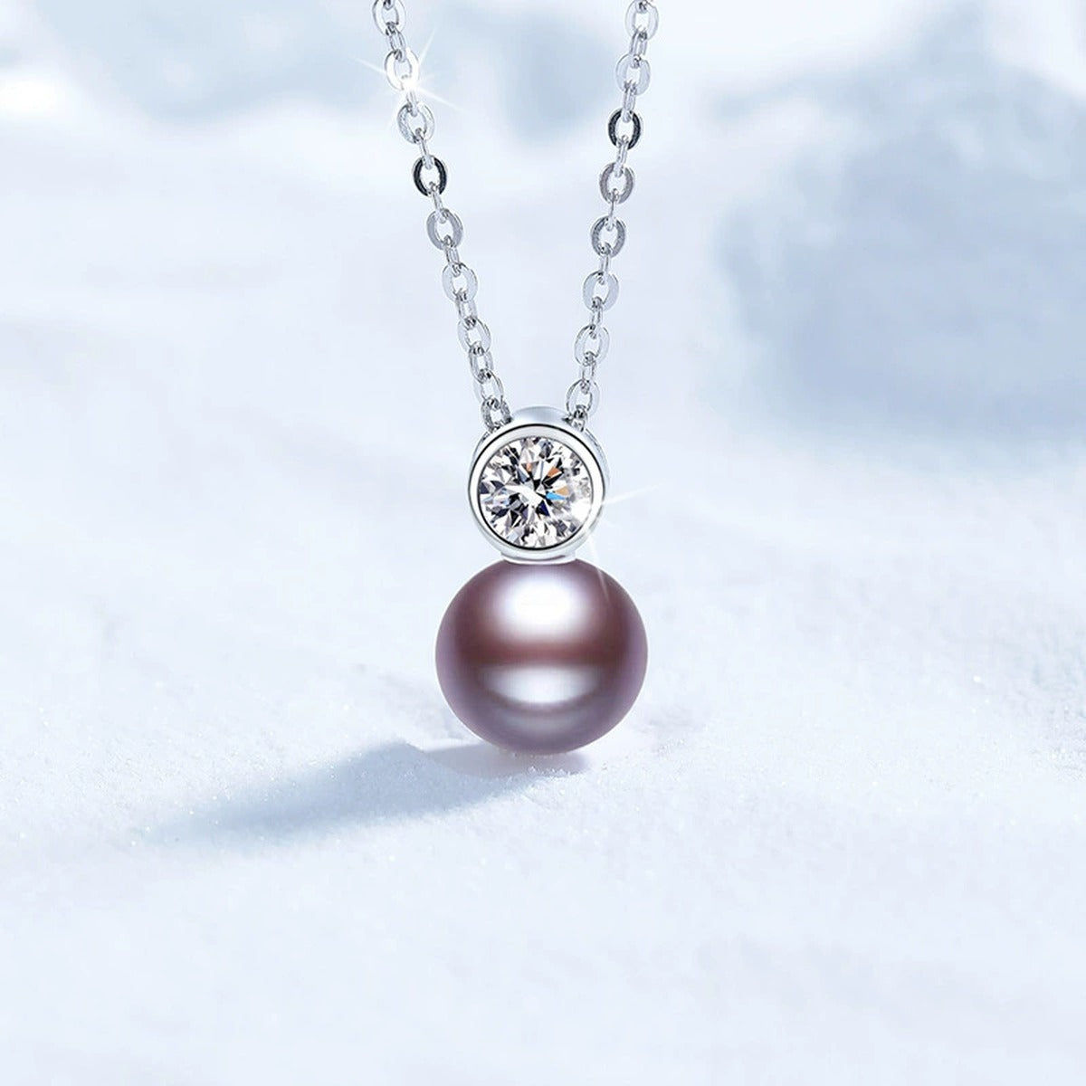Purple Pearl Moissanite Pendant Necklace in White Gold-Plated S925 Sterling Silver close-up product detail view