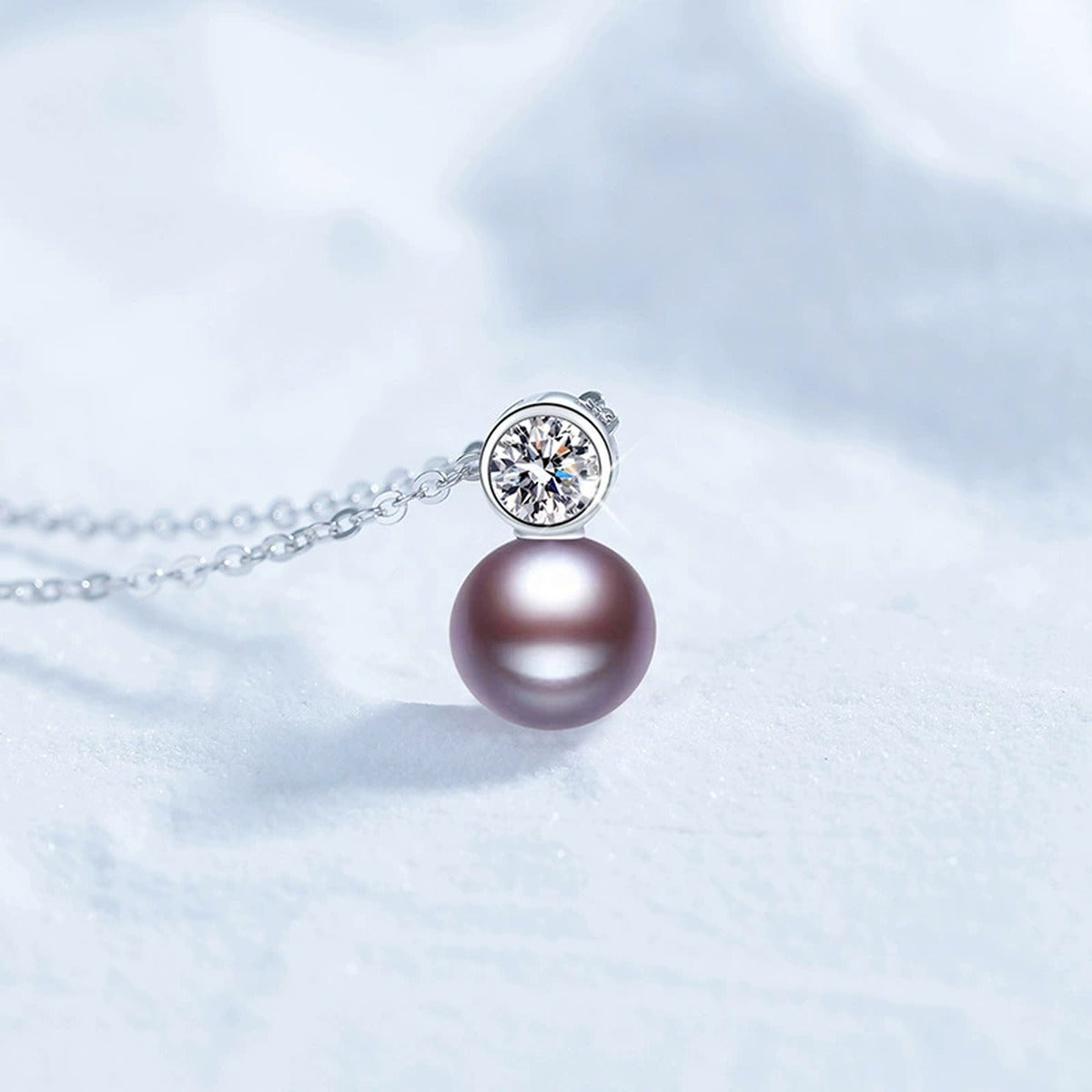 Purple Pearl Moissanite Pendant Necklace in White Gold-Plated S925 Sterling Silver close-up product detail view