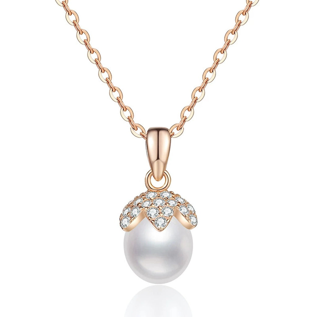 Freshwater Pearl Pendant Necklace with Cubic Zirconia in Gold-Plated S925 Sterling Silver on clean white background showing the freshwater pearl pendant with cubic zirconia detail