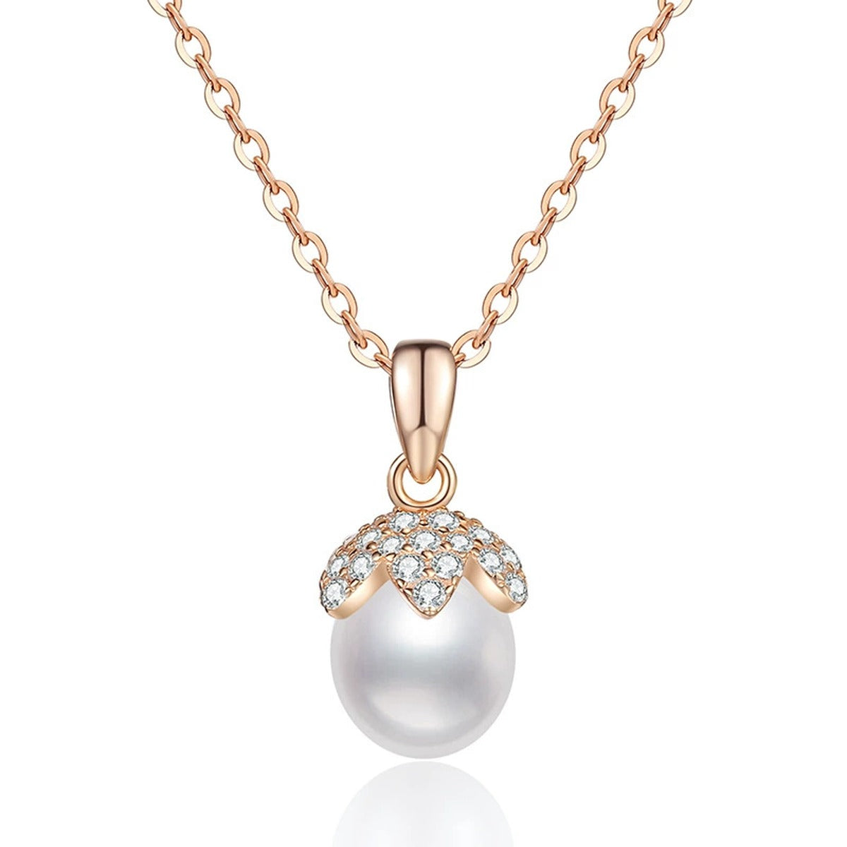Freshwater Pearl Pendant Necklace with Cubic Zirconia in Gold-Plated S925 Sterling Silver on clean white background showing the freshwater pearl pendant with cubic zirconia detail