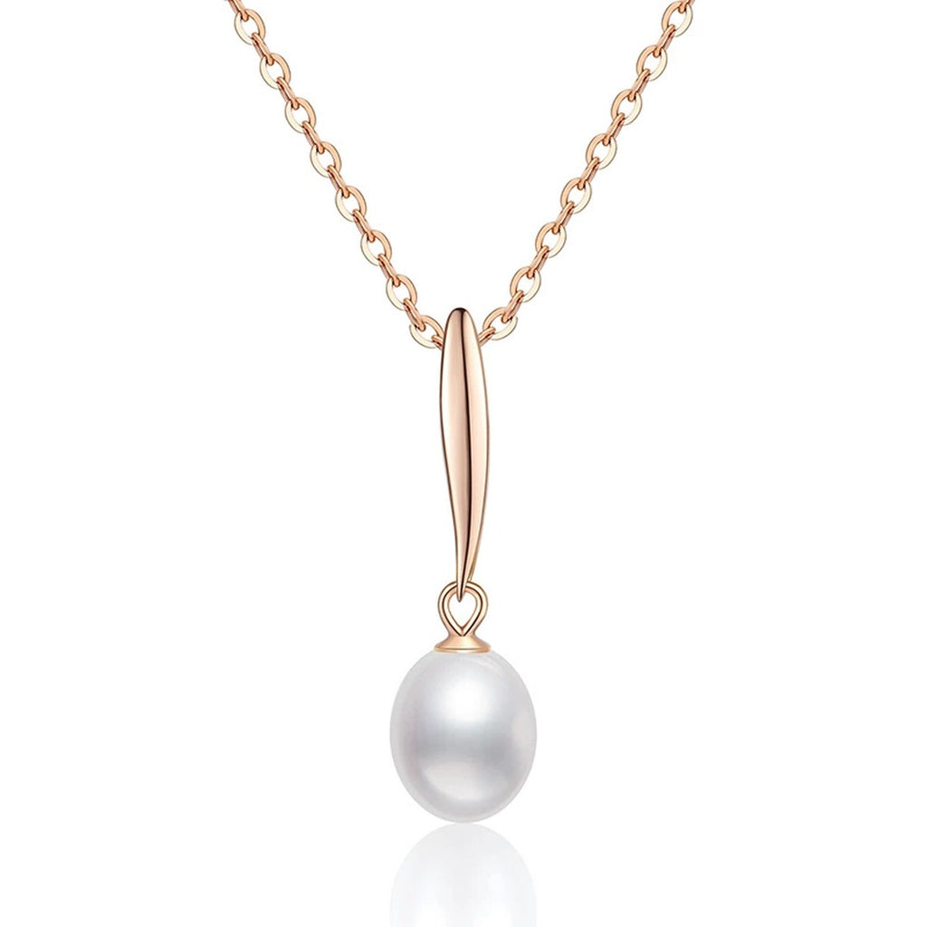 Freshwater Pearl Pendant Necklace in Gold-Plated S925 Sterling Silver on clean white background showing the elongated freshwater pearl pendant in a gold-plated setting