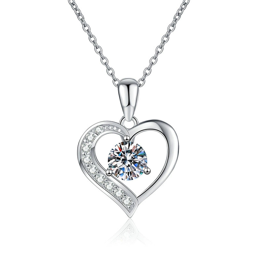Heart Halo Moissanite Pendant Necklace in Platinum-Plated S925 Sterling Silver on clean white background