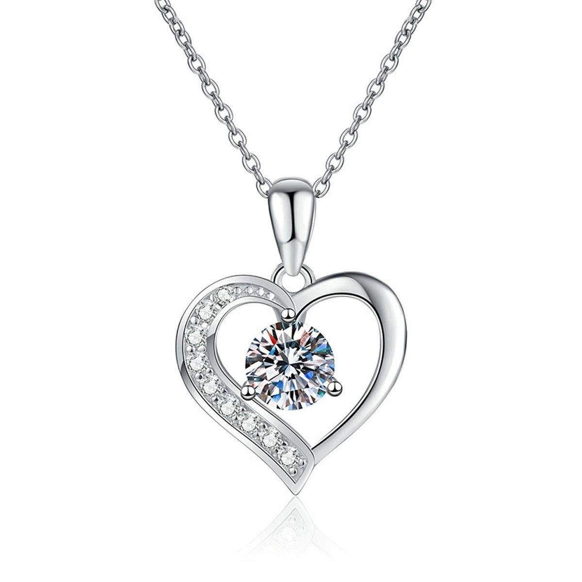Heart Halo Moissanite Pendant Necklace in Platinum-Plated S925 Sterling Silver on clean white background