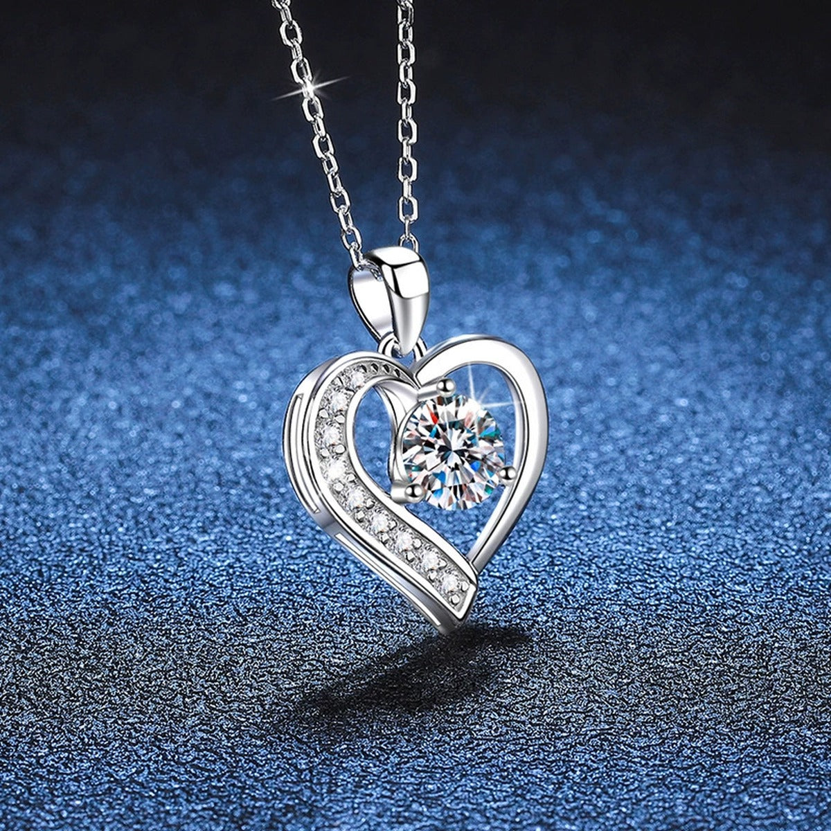 Heart Halo Moissanite Pendant Necklace in Platinum-Plated S925 Sterling Silver blue background product view