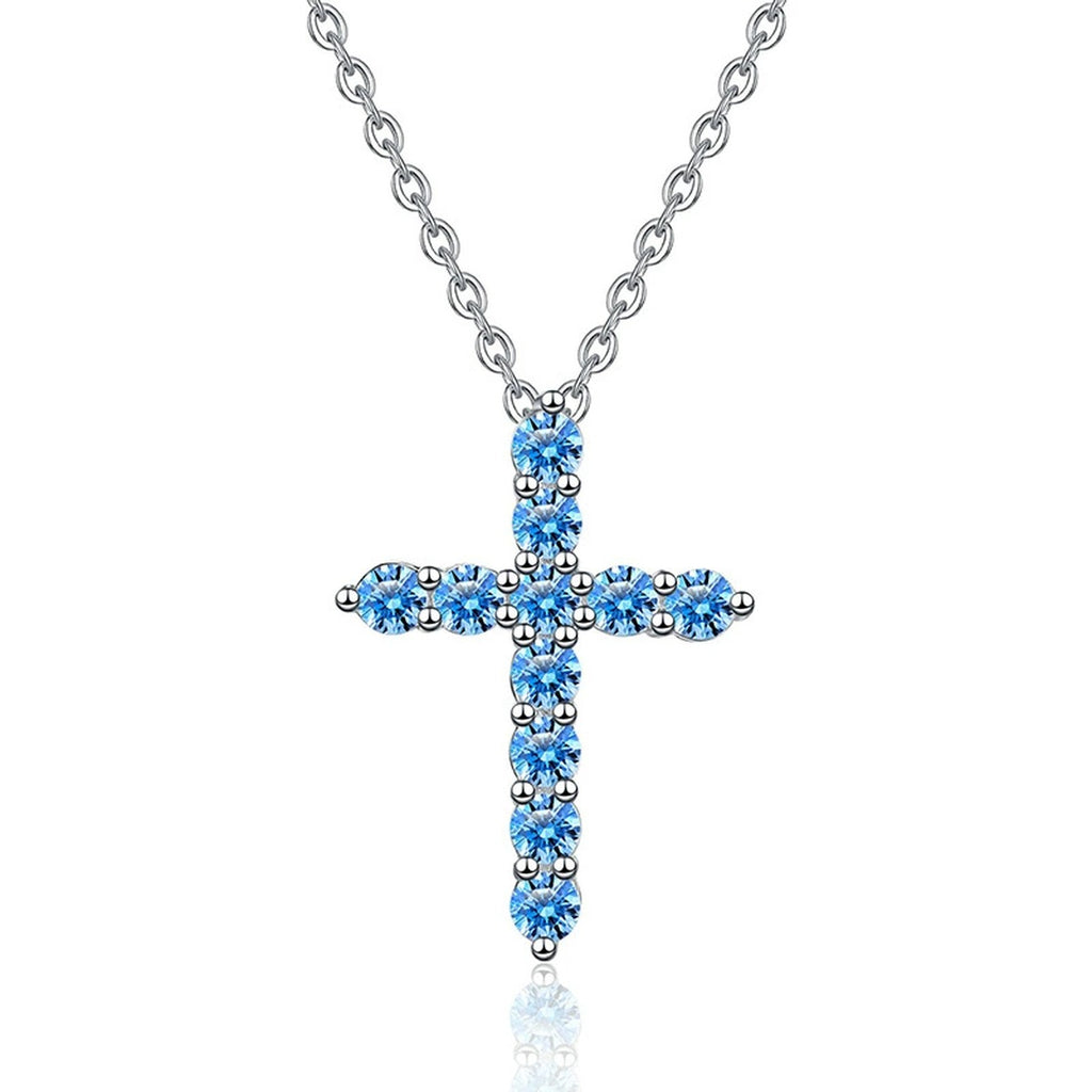 Blue Moissanite Cross Pendant Necklace in Platinum-Plated S925 Sterling Silver on clean white background