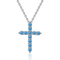 Blue Moissanite Cross Pendant Necklace in Platinum-Plated S925 Sterling Silver on clean white background