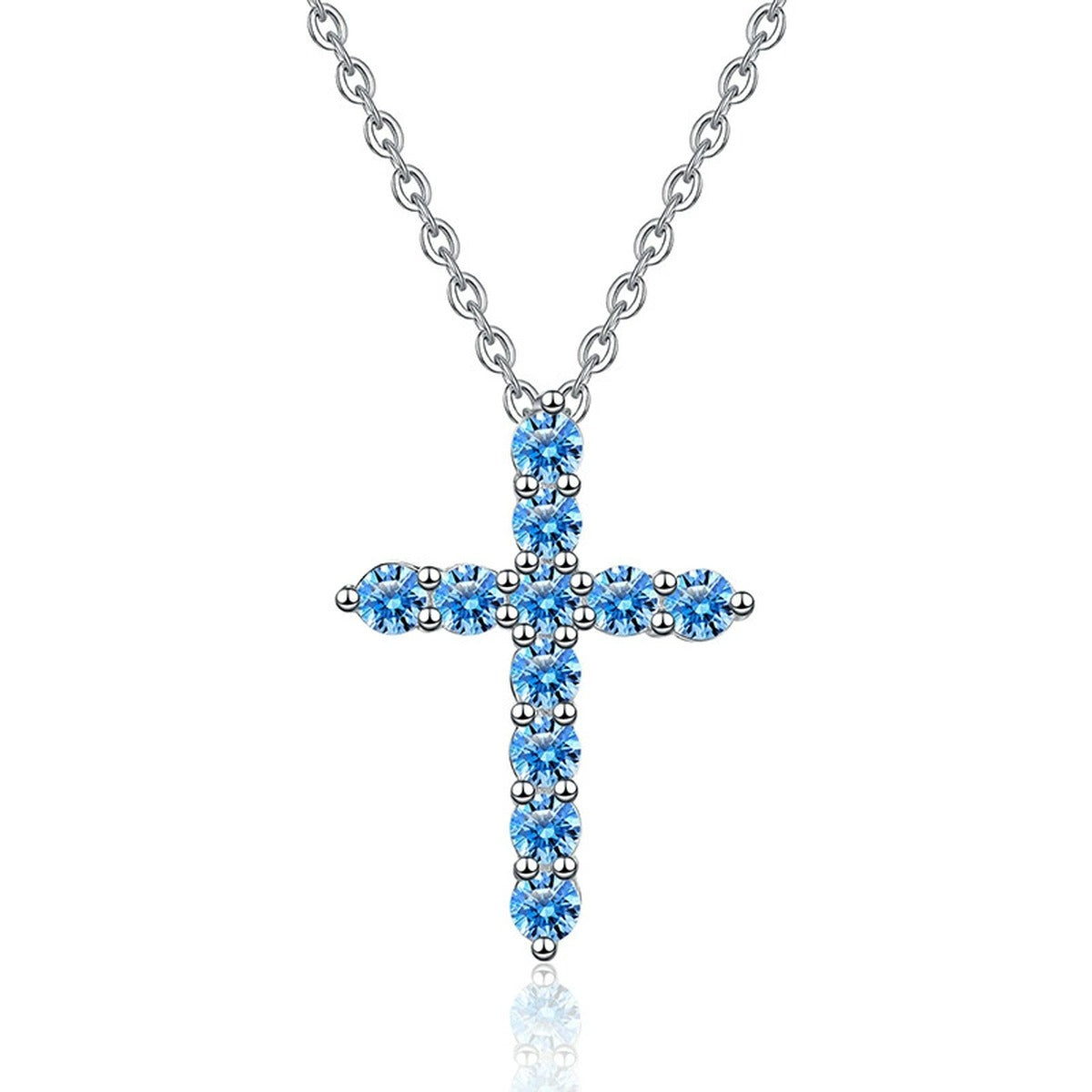 Blue Moissanite Cross Pendant Necklace in Platinum-Plated S925 Sterling Silver on clean white background