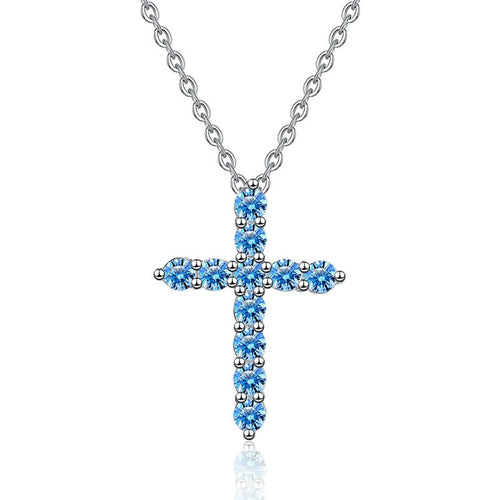 Blue Moissanite Cross Pendant Necklace in Platinum-Plated S925 Sterling Silver on clean white background