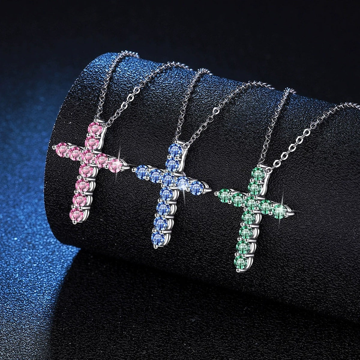 Blue Moissanite Cross Pendant Necklace in Platinum-Plated S925 Sterling Silver dark background product display view