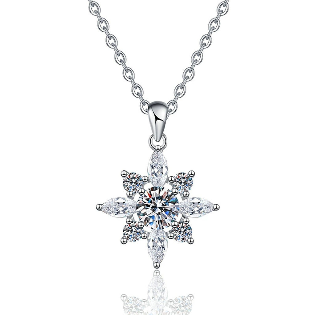 Starburst Moissanite Pendant Necklace in Platinum-Plated S925 Sterling Silver on clean white background