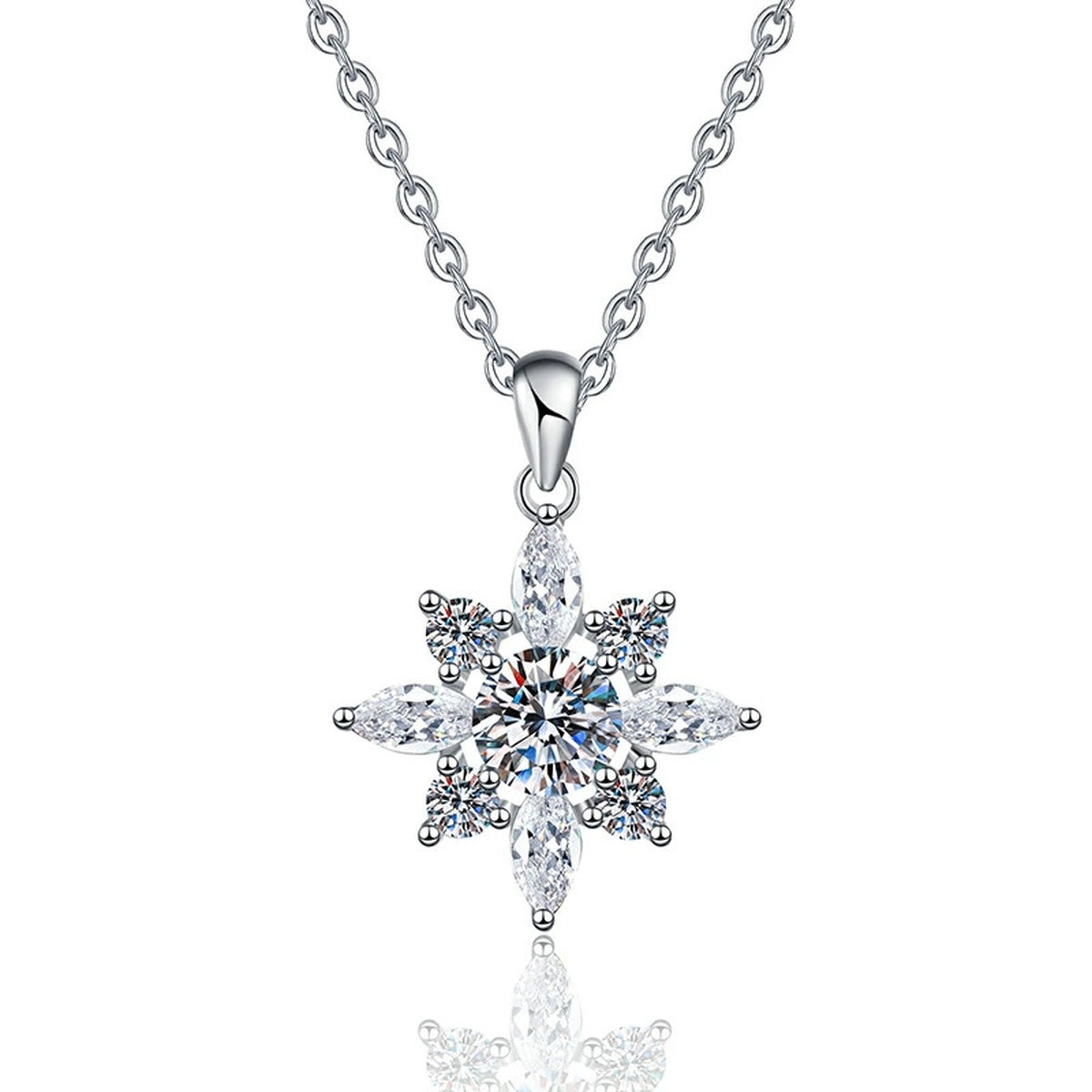 Starburst Moissanite Pendant Necklace in Platinum-Plated S925 Sterling Silver on clean white background