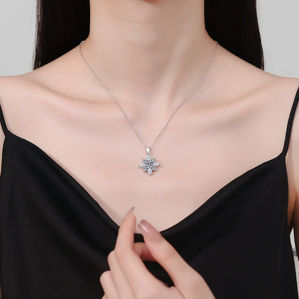 Starburst Moissanite Pendant Necklace in Platinum-Plated S925 Sterling Silver worn on neckline by model