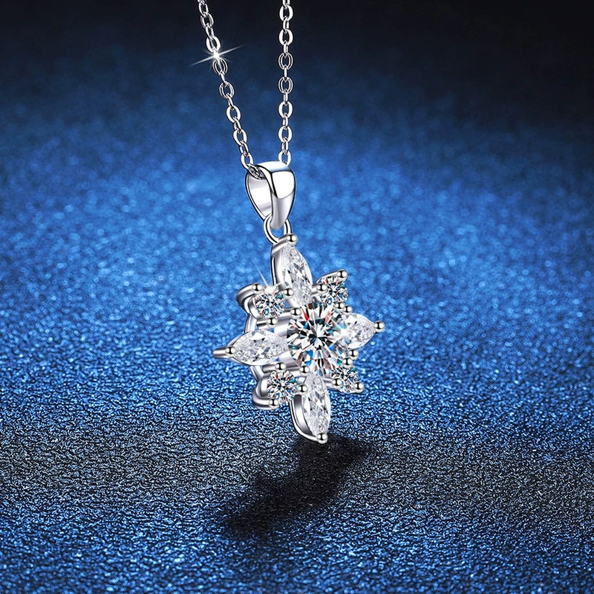 Starburst Moissanite Pendant Necklace in Platinum-Plated S925 Sterling Silver blue background product view