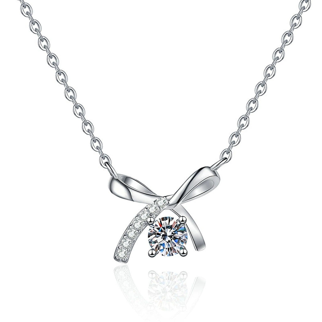 Bow Moissanite Pendant Necklace in Platinum-Plated S925 Sterling Silver on clean white background