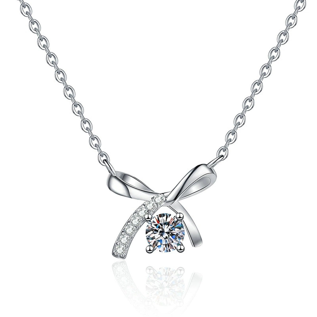 Bow Moissanite Pendant Necklace in Platinum-Plated S925 Sterling Silver on clean white background