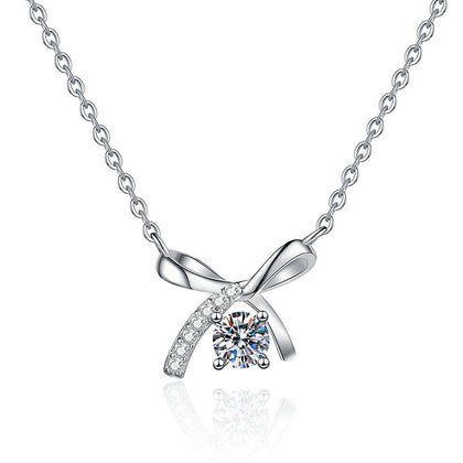 Bow Moissanite Pendant Necklace in Platinum-Plated S925 Sterling Silver on clean white background