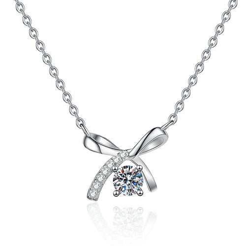 Bow Moissanite Pendant Necklace in Platinum-Plated S925 Sterling Silver on clean white background