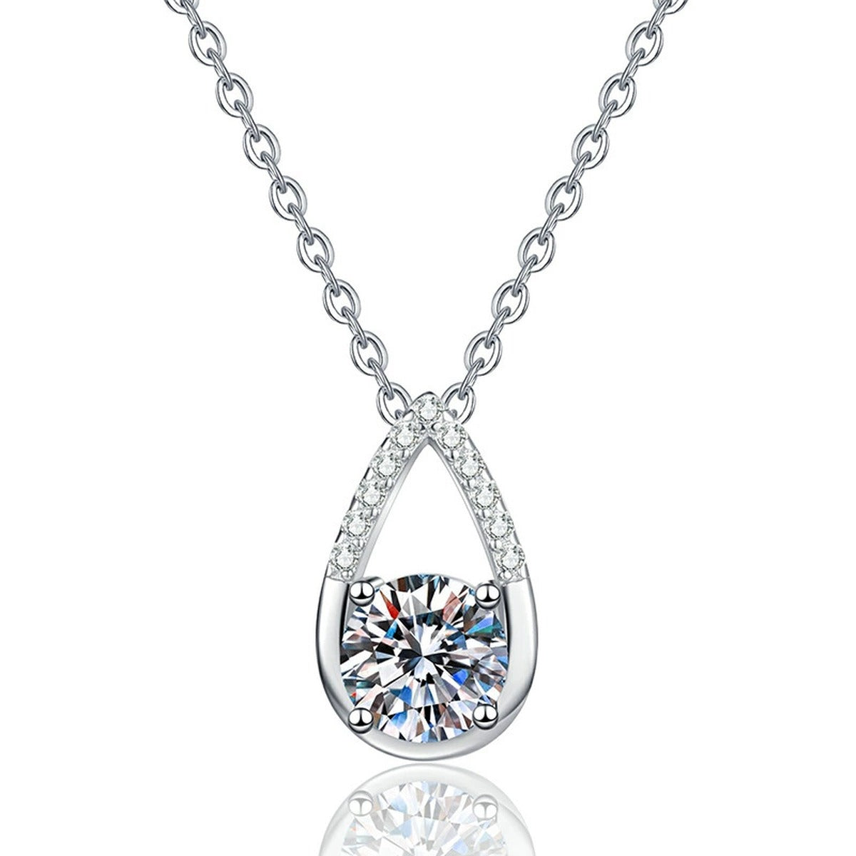 Teardrop Moissanite Pendant Necklace in Platinum-Plated S925 Sterling Silver on clean white background