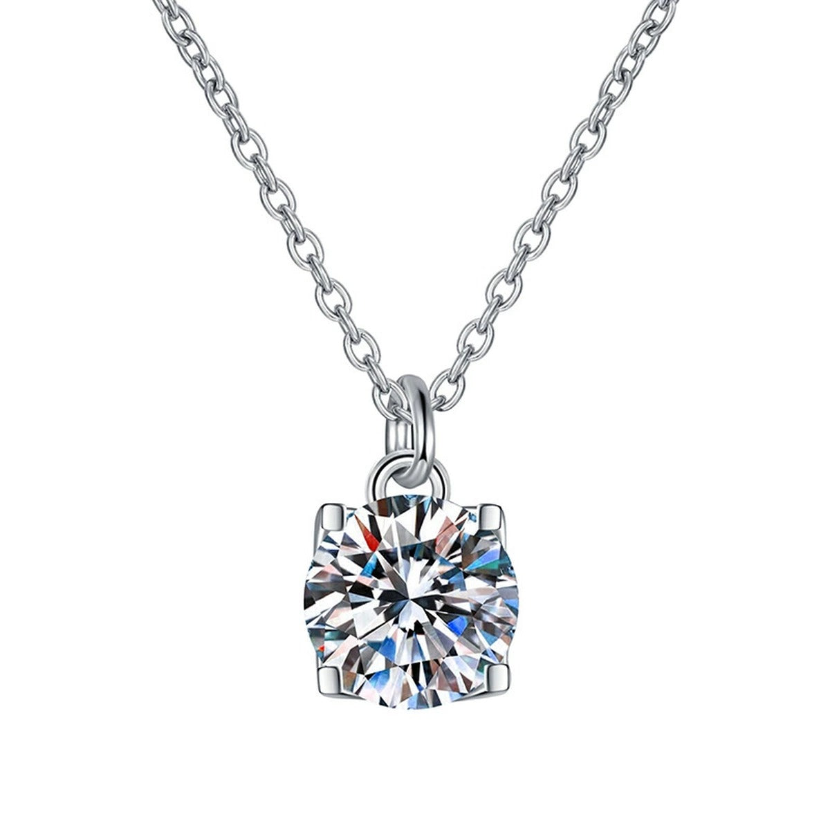 Round Solitaire Moissanite Pendant Necklace in Platinum-Plated S925 Sterling Silver on clean white background