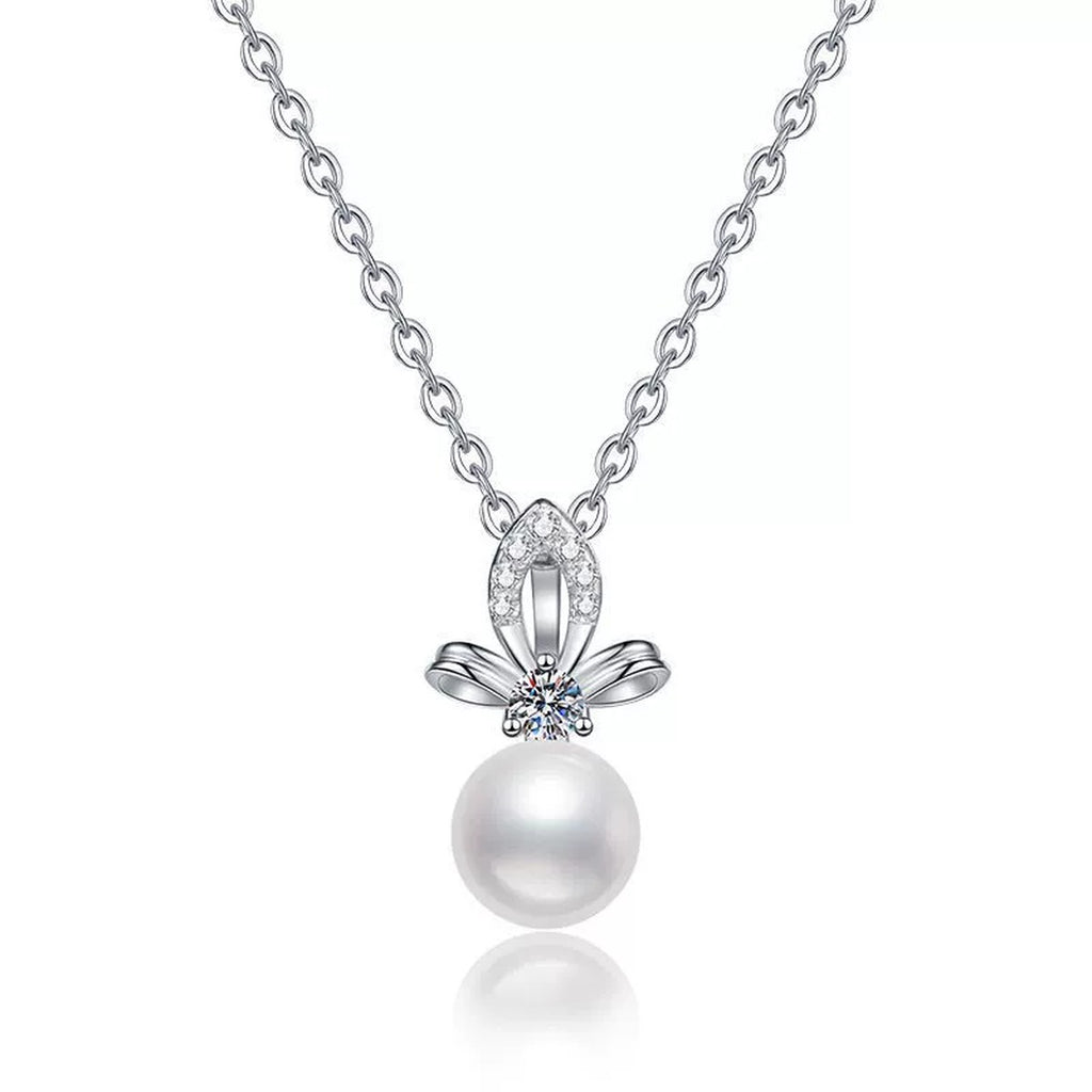 Moissanite Freshwater Pearl Pendant Necklace with Cubic Zirconia in White Gold-Plated S925 Sterling Silver on clean white background showing the freshwater pearl pendant with a small moissanite and cubic zirconia accent