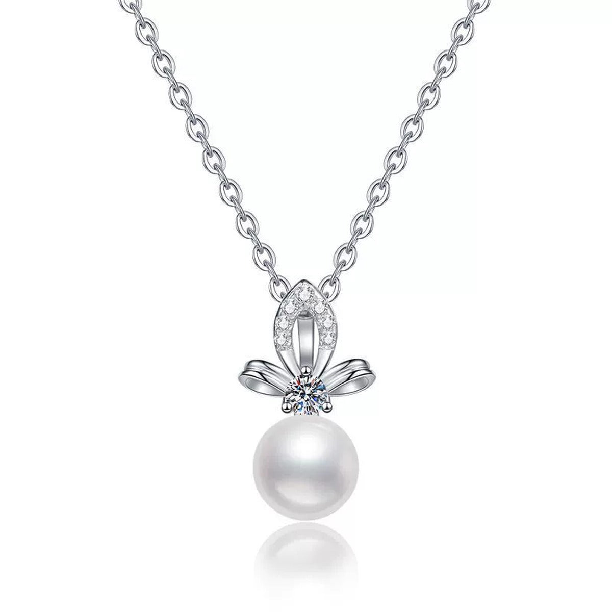 Moissanite Freshwater Pearl Pendant Necklace with Cubic Zirconia in White Gold-Plated S925 Sterling Silver on clean white background showing the freshwater pearl pendant with a small moissanite and cubic zirconia accent