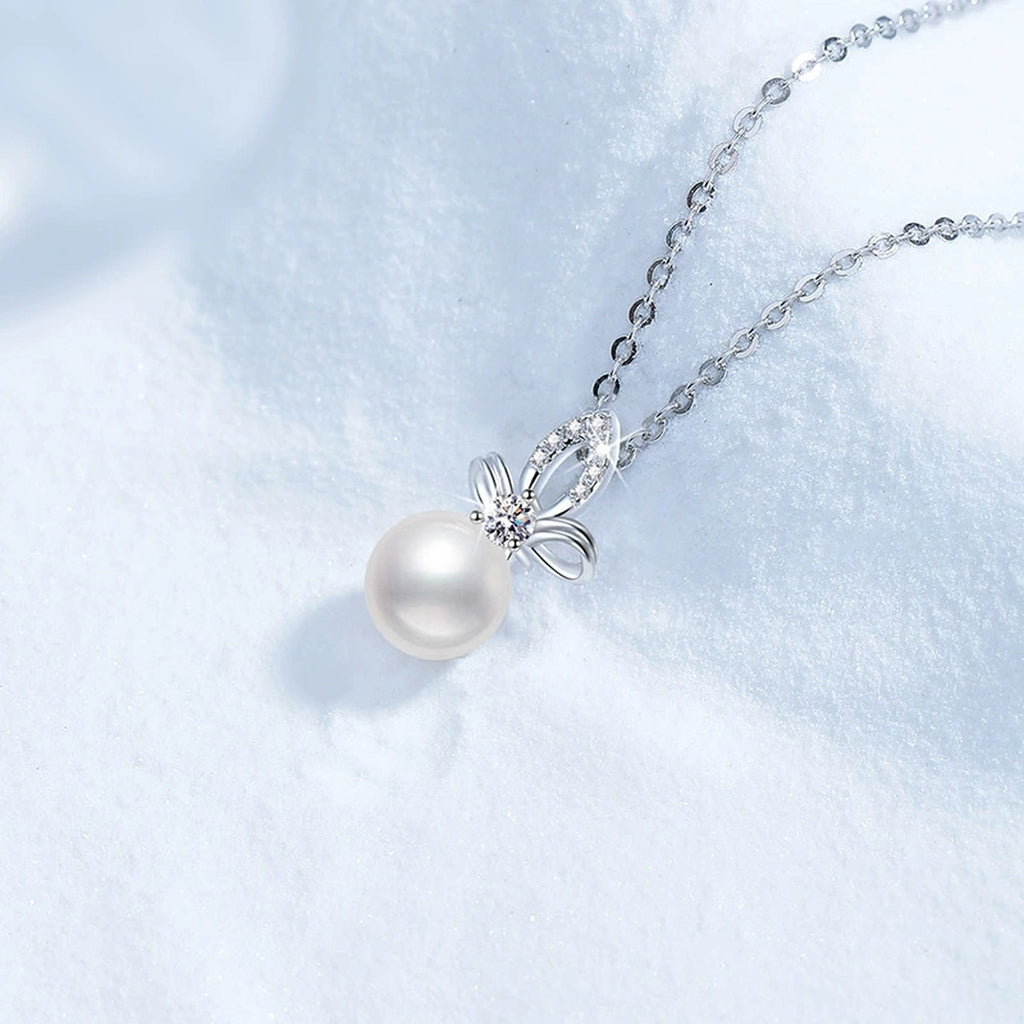 Moissanite Freshwater Pearl Pendant Necklace with Cubic Zirconia in White Gold-Plated S925 Sterling Silver blue background product view