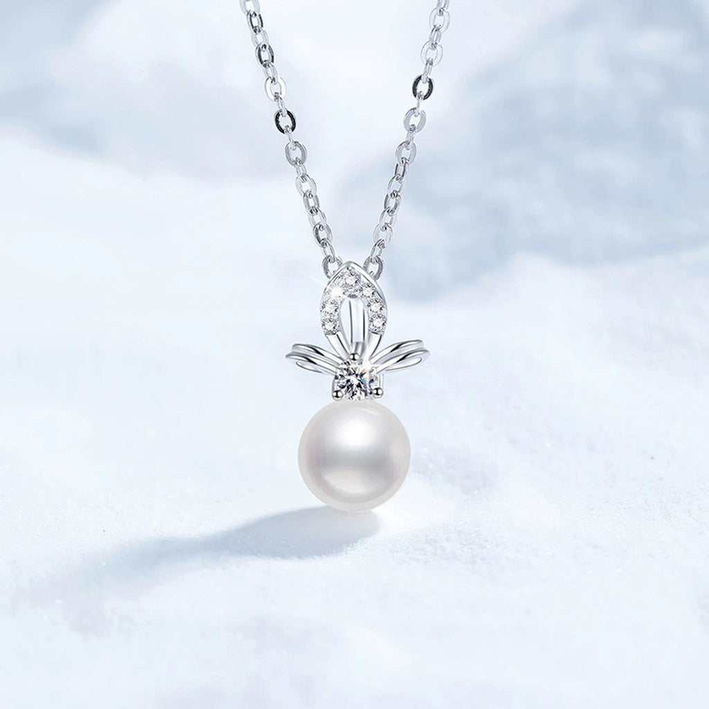 Moissanite Freshwater Pearl Pendant Necklace with Cubic Zirconia in White Gold-Plated S925 Sterling Silver close-up product detail view