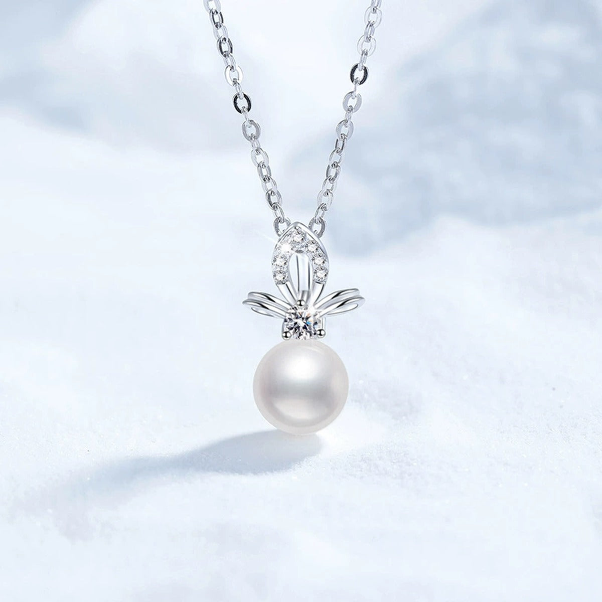 Moissanite Freshwater Pearl Pendant Necklace with Cubic Zirconia in White Gold-Plated S925 Sterling Silver close-up product detail view
