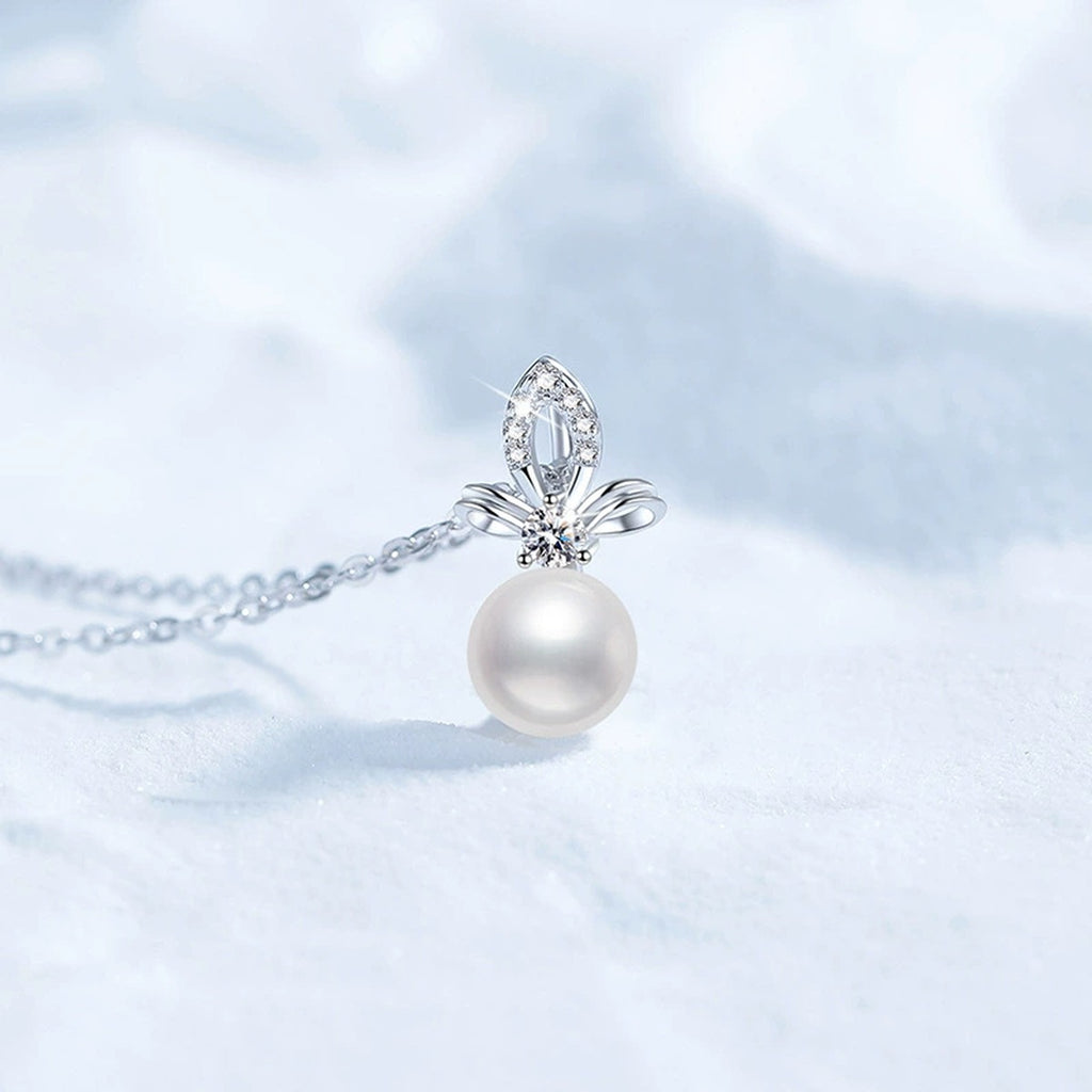 Moissanite Freshwater Pearl Pendant Necklace with Cubic Zirconia in White Gold-Plated S925 Sterling Silver close-up product detail view