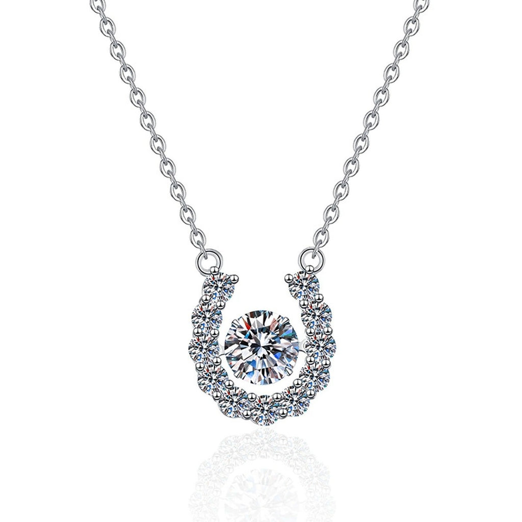 Horseshoe Halo Moissanite Pendant Necklace in Platinum-Plated S925 Sterling Silver on clean white background