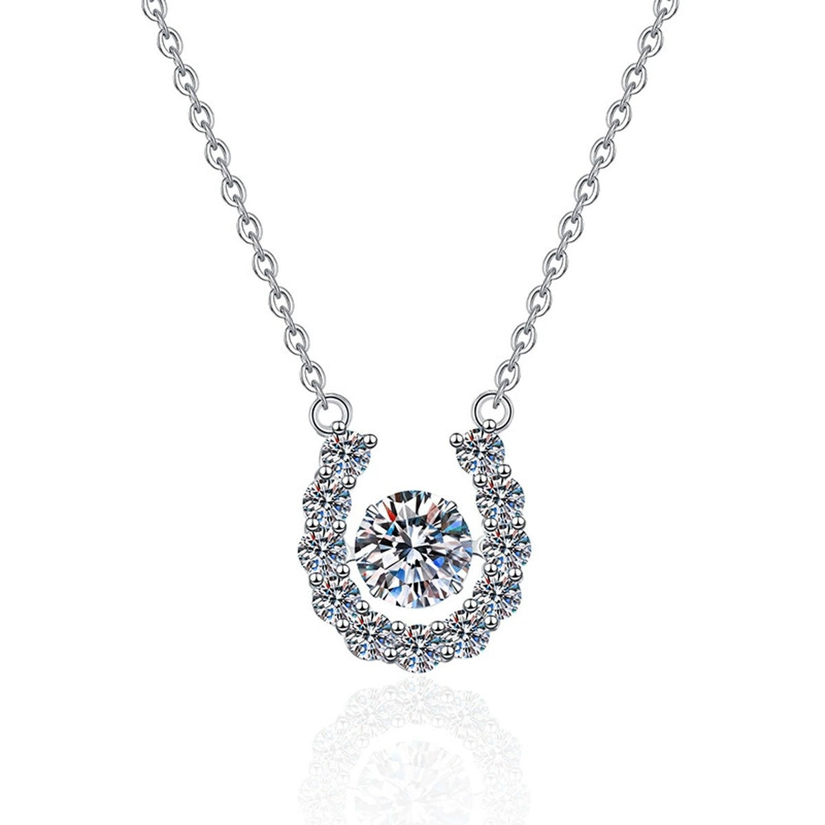 Horseshoe Halo Moissanite Pendant Necklace in Platinum-Plated S925 Sterling Silver on clean white background