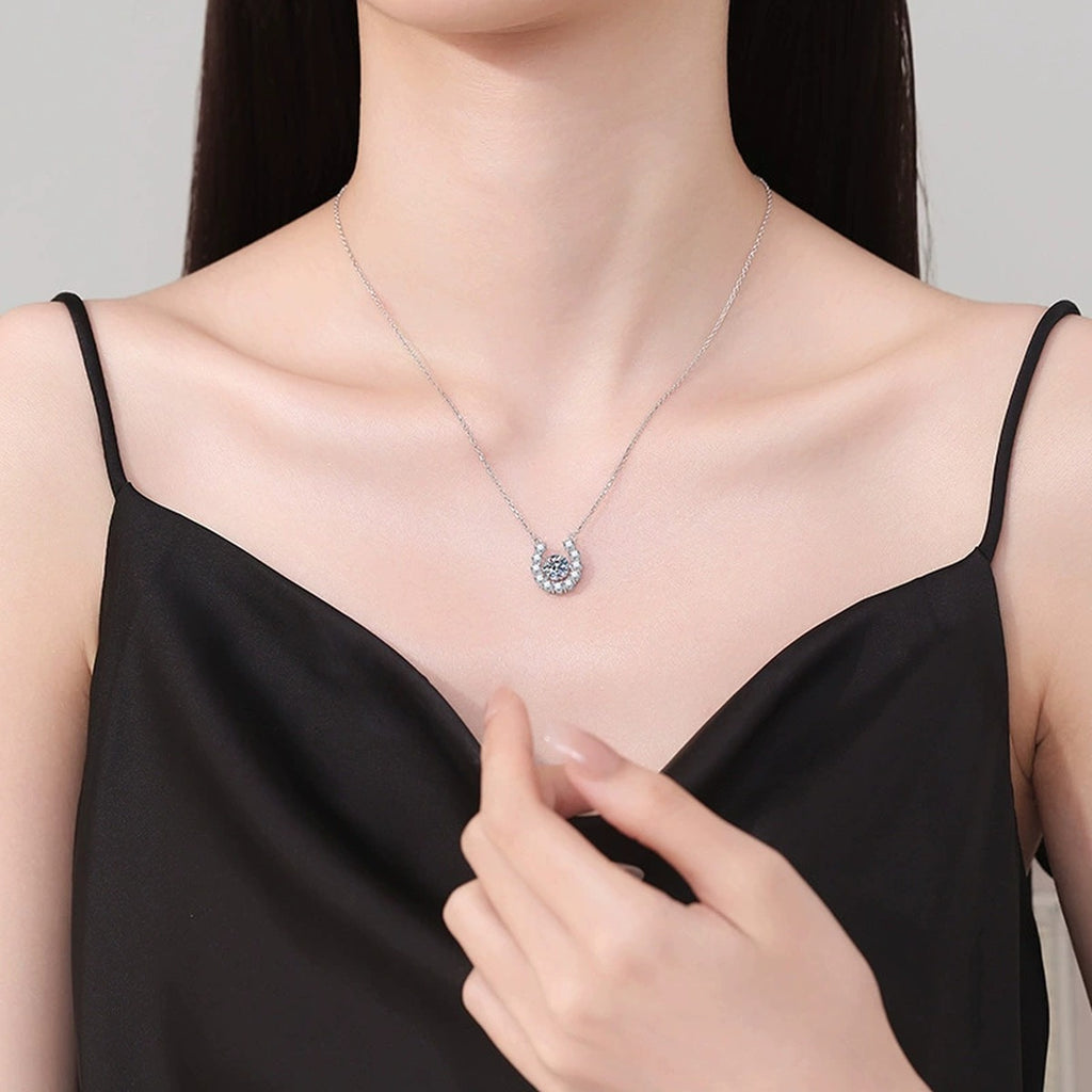 Horseshoe Halo Moissanite Pendant Necklace in Platinum-Plated S925 Sterling Silver worn on neckline by model