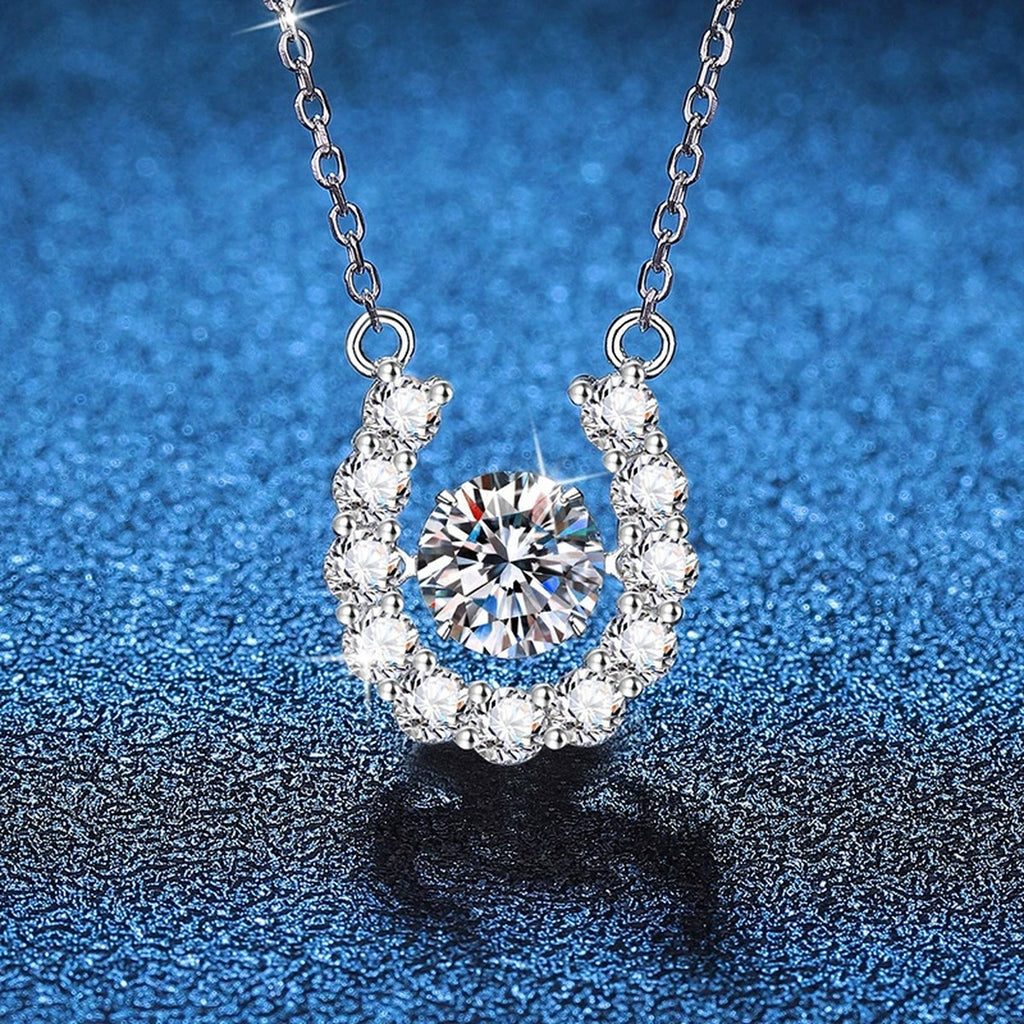 Horseshoe Halo Moissanite Pendant Necklace in Platinum-Plated S925 Sterling Silver blue background product view