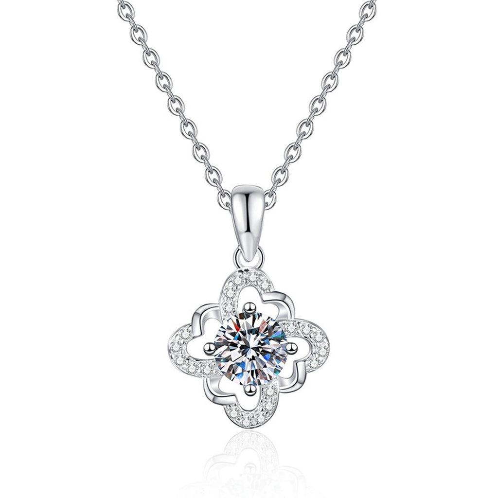 Quatrefoil Halo Moissanite Pendant Necklace in Platinum-Plated S925 Sterling Silver on clean white background