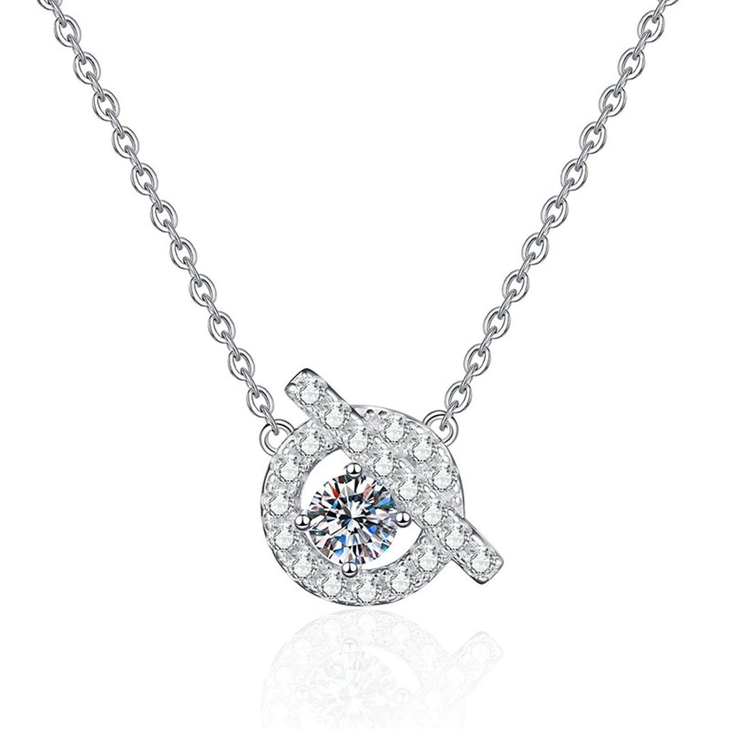 Swirl Halo Moissanite Pendant Necklace in Platinum-Plated S925 Sterling Silver on clean white background