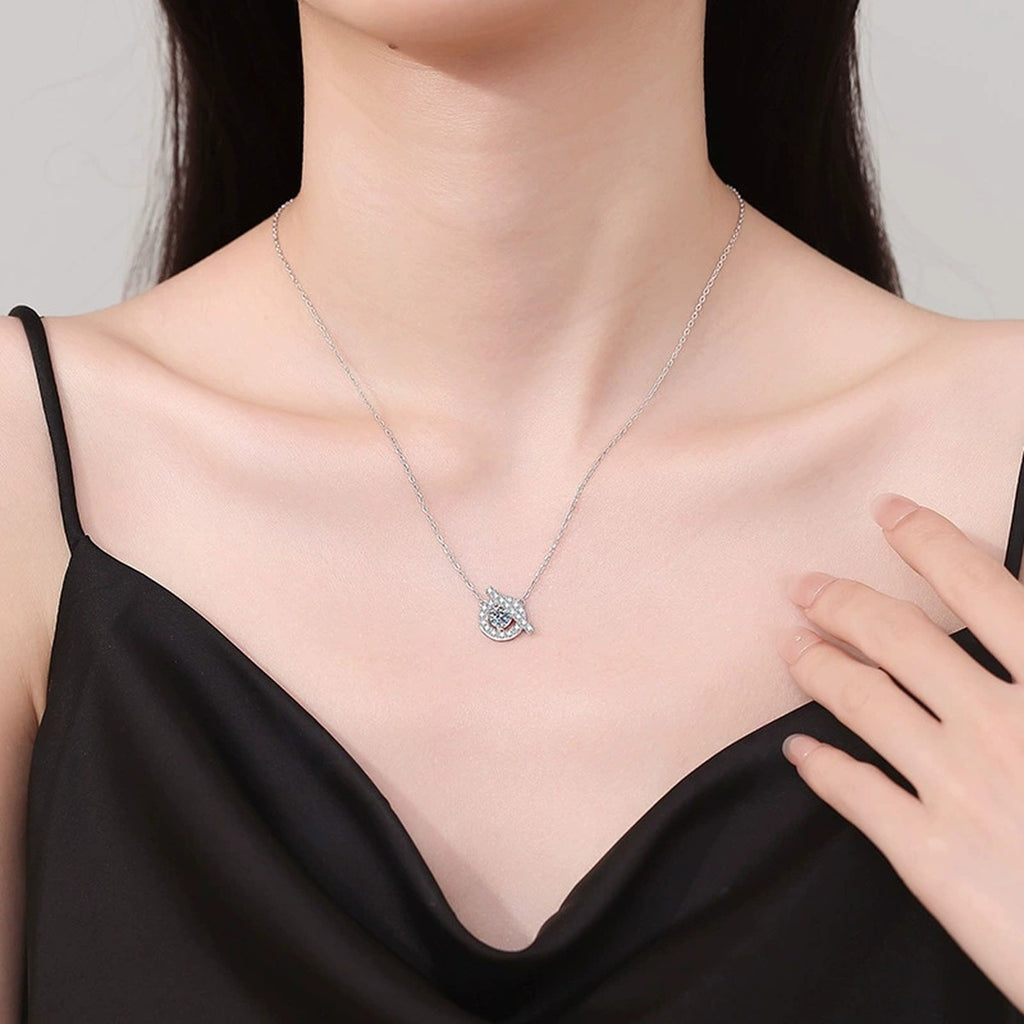 Swirl Halo Moissanite Pendant Necklace in Platinum-Plated S925 Sterling Silver worn on neckline by model