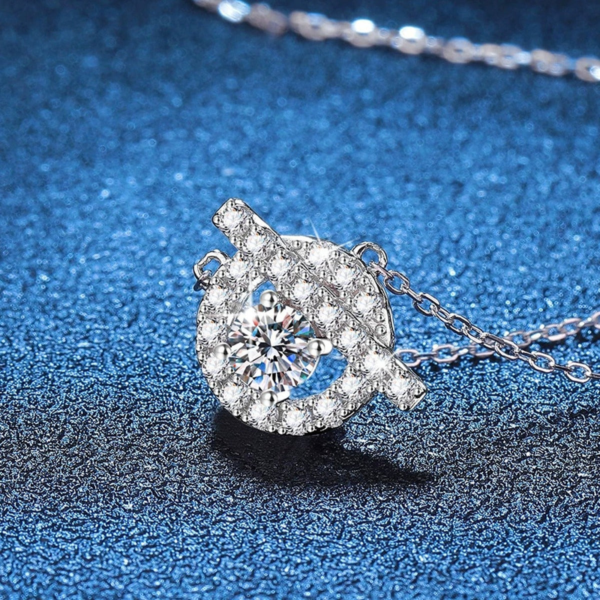Swirl Halo Moissanite Pendant Necklace in Platinum-Plated S925 Sterling Silver blue background product view